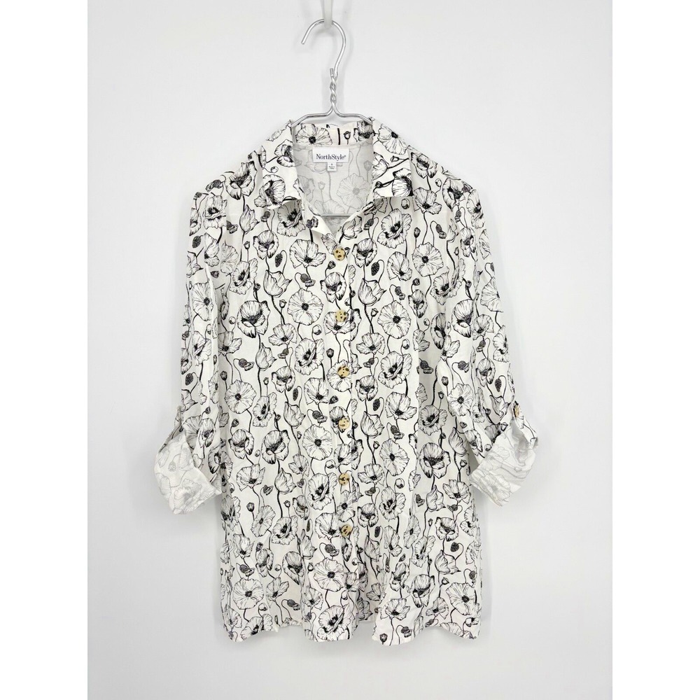 Northstyle Blouse Womens S Black White Floral Button Up Roll Tab Sleeve Mature